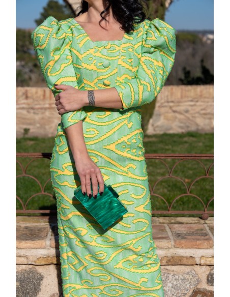 Printed Puff Sleeve Midi Patterned Guest Gown in Shades of Green and Yellow