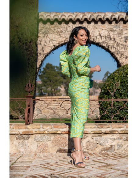 Printed Puff Sleeve Midi Patterned Guest Gown in Shades of Green and Yellow