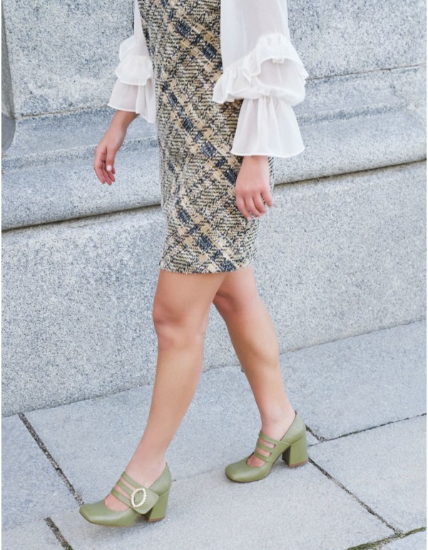 Olive green pumps with gold buckle fastening 2