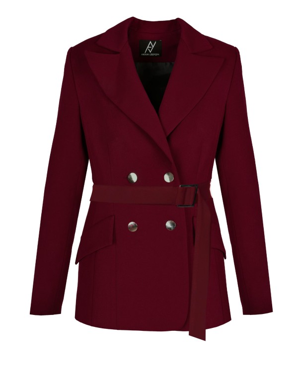 Burgundy double breasted blazer with adjustable belt
