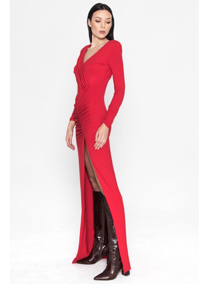 Long red party dress with long sleeves and a...