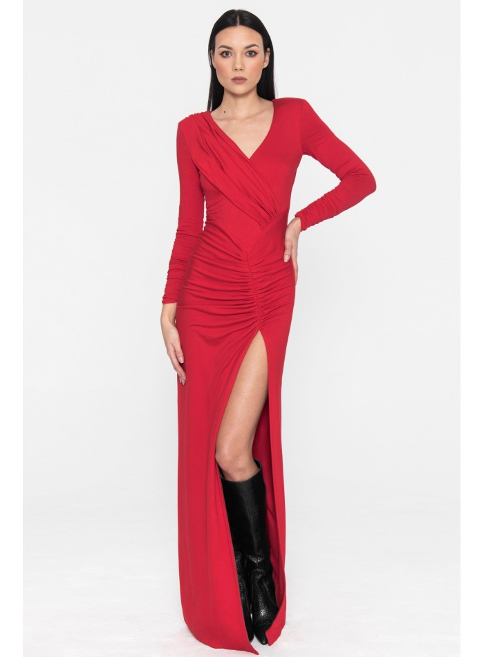 Long red party dress with long sleeves and a...