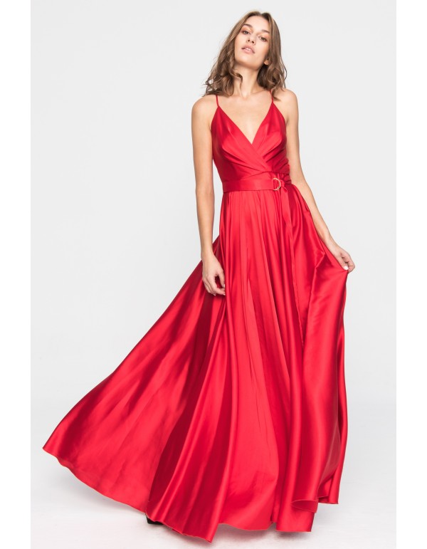 Long red party dress with spaghetti straps and flounced...