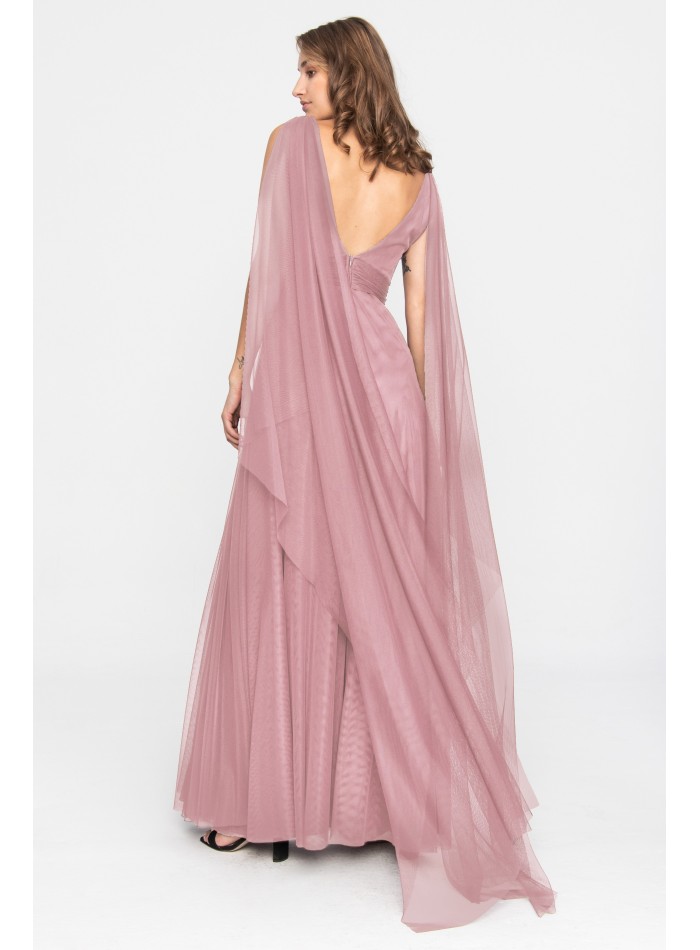 Robe longue en tulle rose avec décolleté en V...