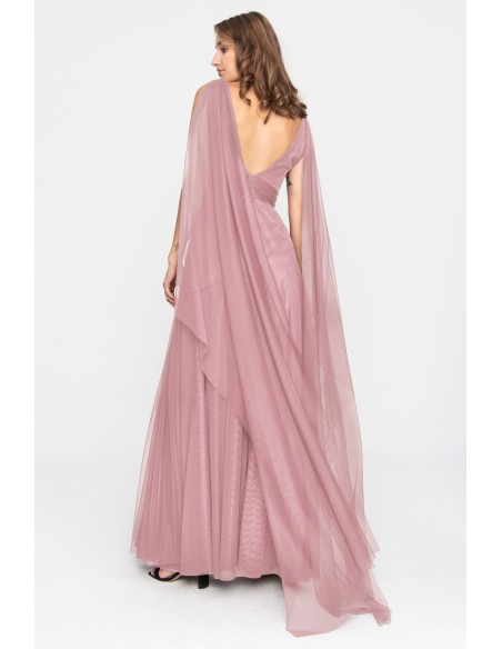 Long pink tulle dress with V-neckline and side slit