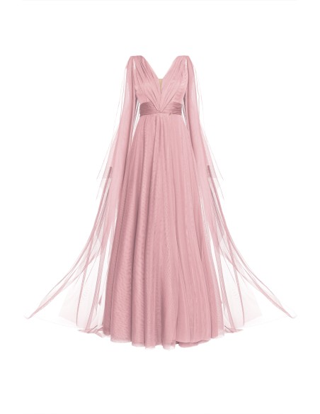 Vestido largo de tul rosa con escote en V y abertura lateral