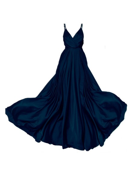 Long blue satin party dress with crossover neckline