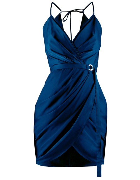 Short navy blue satin dress with belt