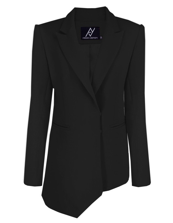 Blazer de diseño asimétrico en color negro con hombreras