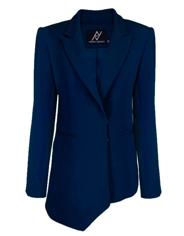 Navy blue blazer with asymmetrical design and shoulder pads