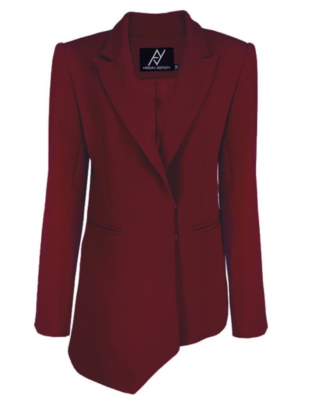 Women's burgundy blazer with asymmetrical design and shoulder padding