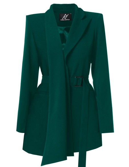 Bottle green blazer with asymmetric design and adjustable belt