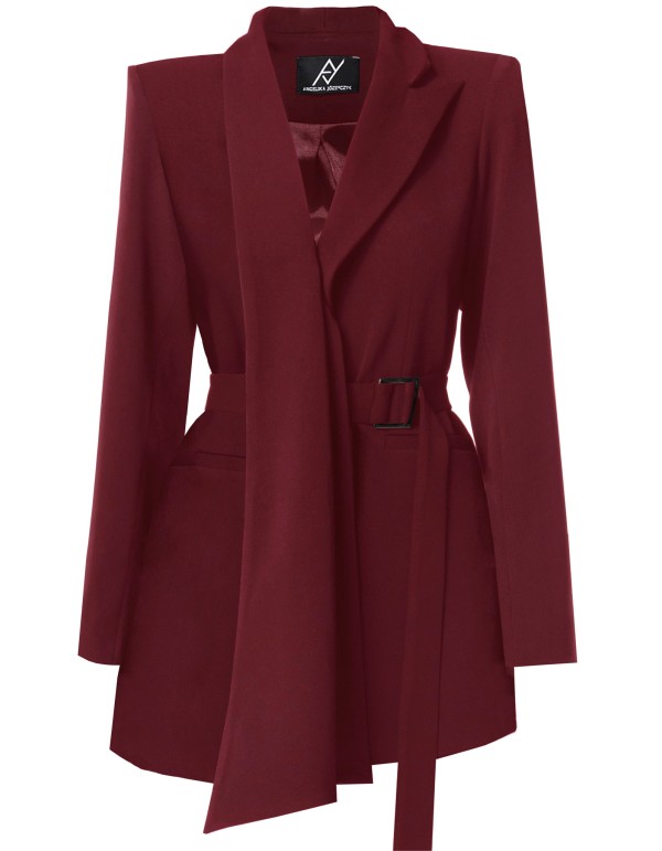 Asymmetrical burgundy blazer with adjustable belt