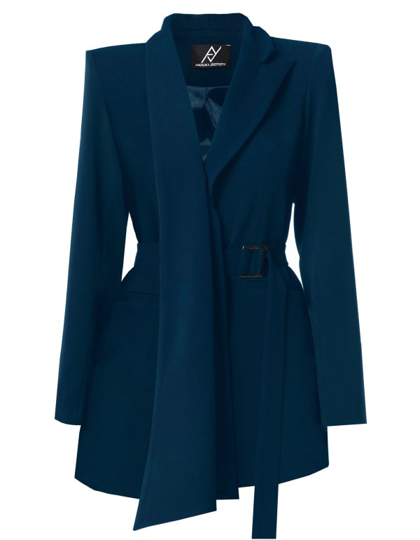 Blazer azul marino de diseño asimétrico con cinturón...