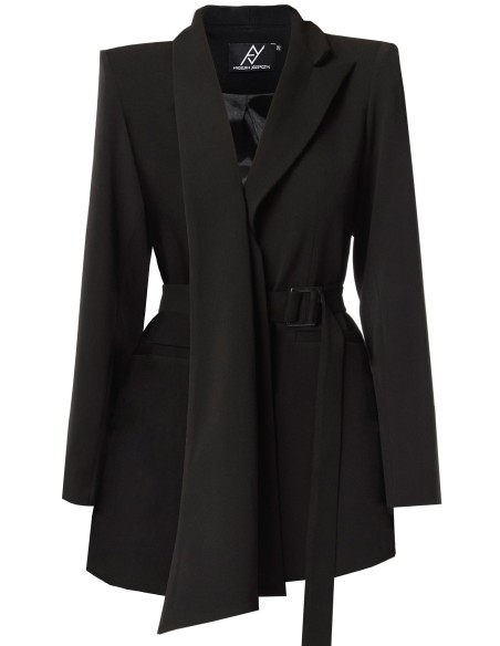 Asymmetrical black blazer with adjustable waist belt