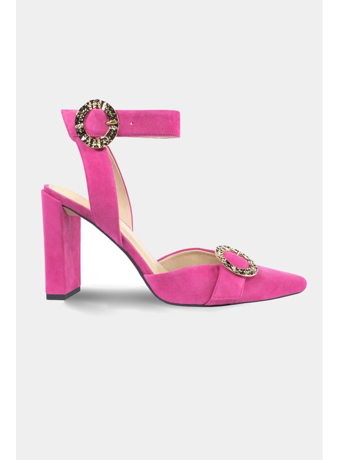 Square heel sandal in fuchsia color with golden...