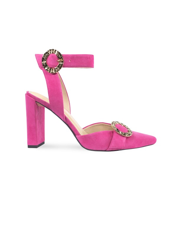 Sandale à talon carré fuchsia avec détails dorés