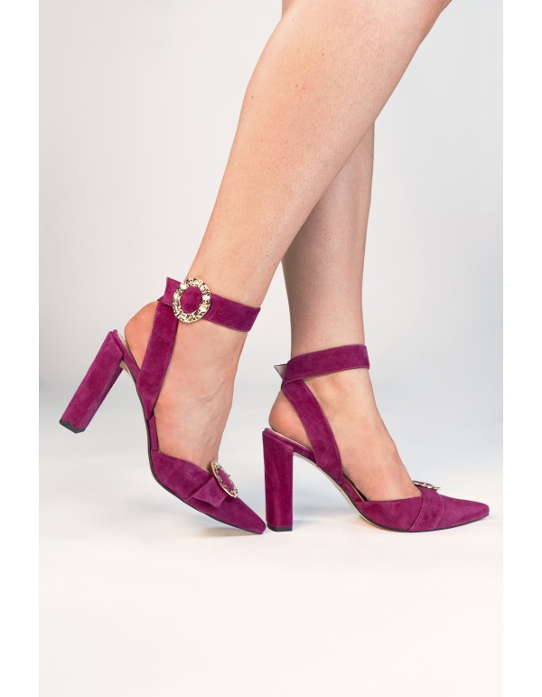 Heeled sandal in dark bougainvillea color with textured... 2