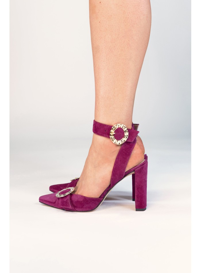 Heeled sandal in dark bougainvillea color with...
