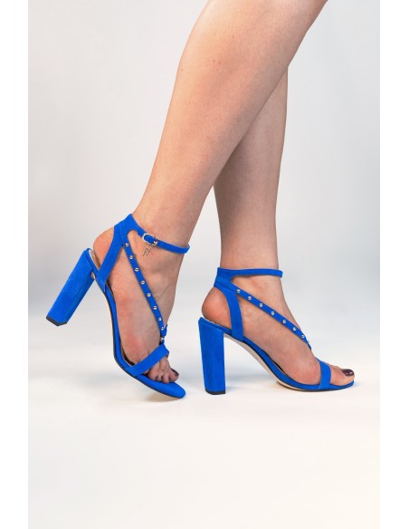 Square heel sandal in blue with gold details