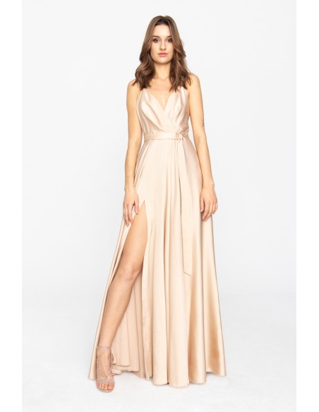 Long beige satin dress with V-neckline and side slit