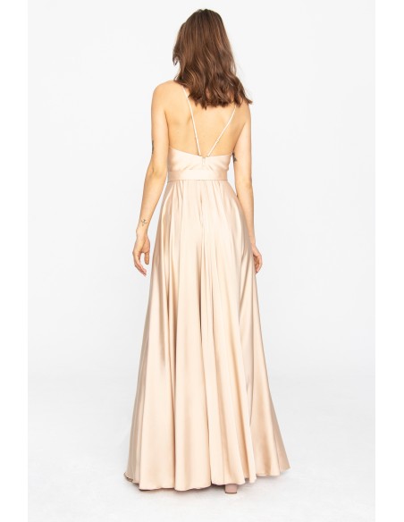 Long beige satin dress with V-neckline and side slit