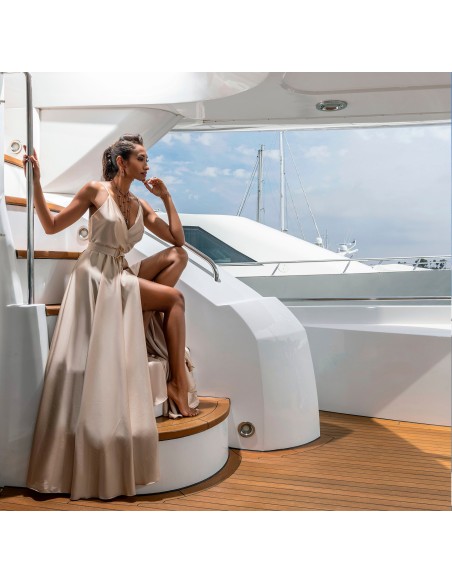 Long beige satin dress with V-neckline and side slit