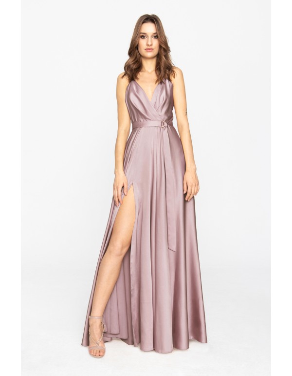 Mauve satin long dress with V-neckline and side slit