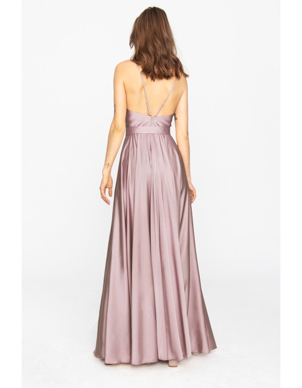 Mauve satin long dress with V-neckline and side slit 2