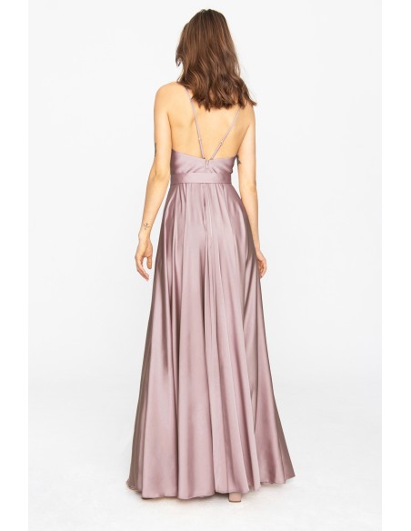 Mauve satin long dress with V-neckline and side slit