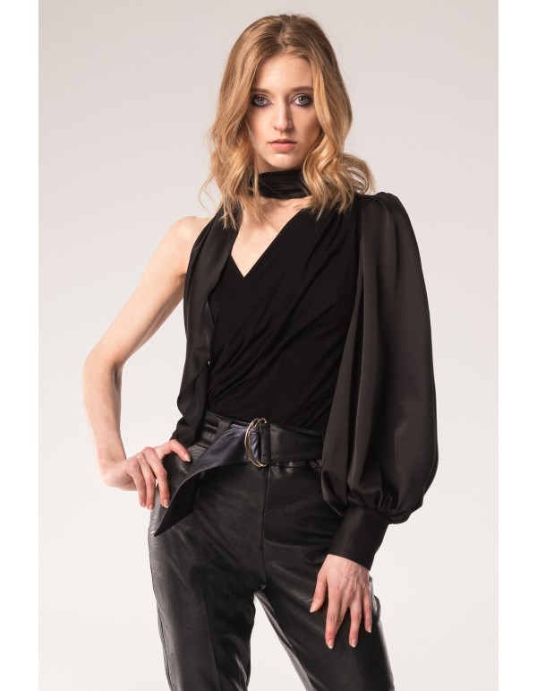 Black long sleeved body with high neck and asymmetrical...