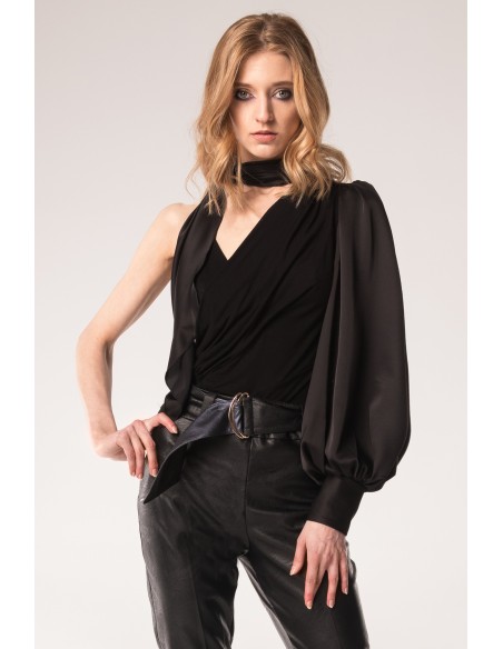 Black long sleeved body with high neck and asymmetrical cross over design