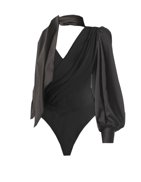 Black long sleeved body with high neck and asymmetrical cross over design