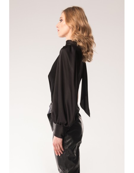Black long sleeved body with high neck and asymmetrical cross over design