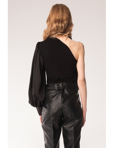 Black long sleeved body with high neck and asymmetrical cross over design