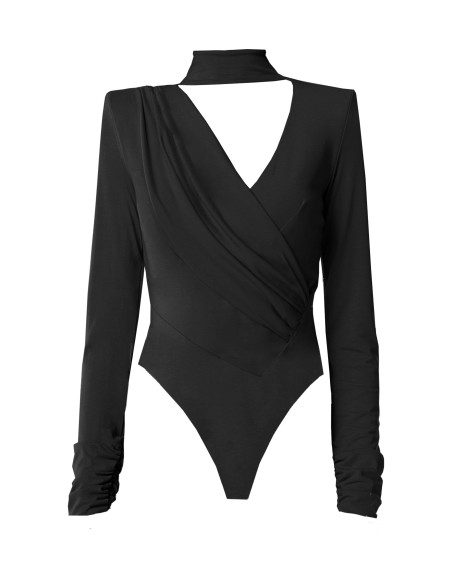 Long sleeve black body with high and asymmetrical neckline