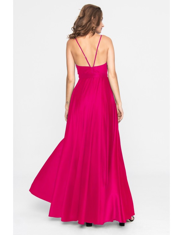 Fuchsia satin long dress with V-neckline 2