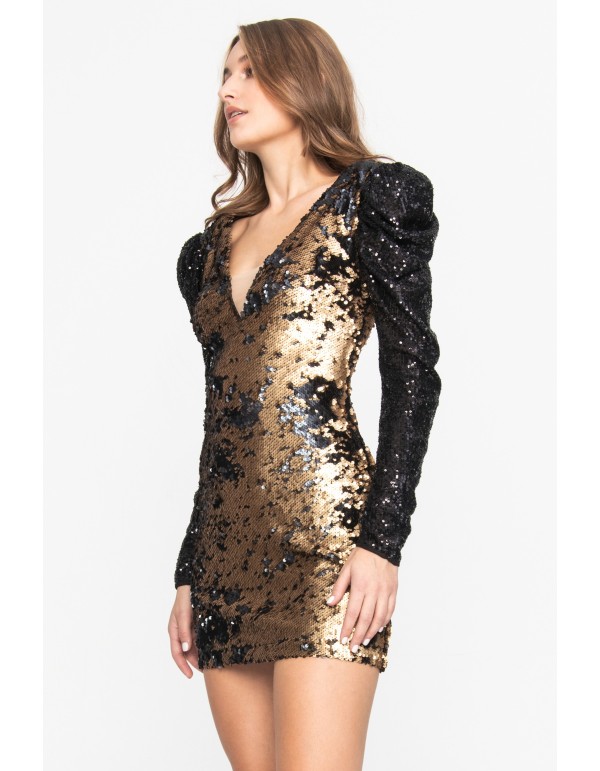 Robe courte à paillettes dorées, manches longues et... 2