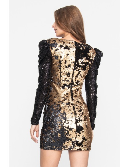 Short gold sequin dress with long sleeves and v-neckline