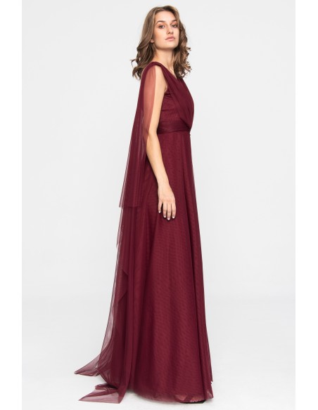 Long burgundy tulle dress with side slit