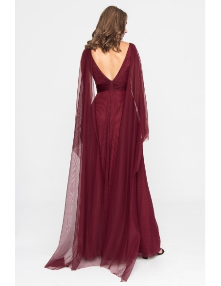 Long burgundy tulle dress with side slit