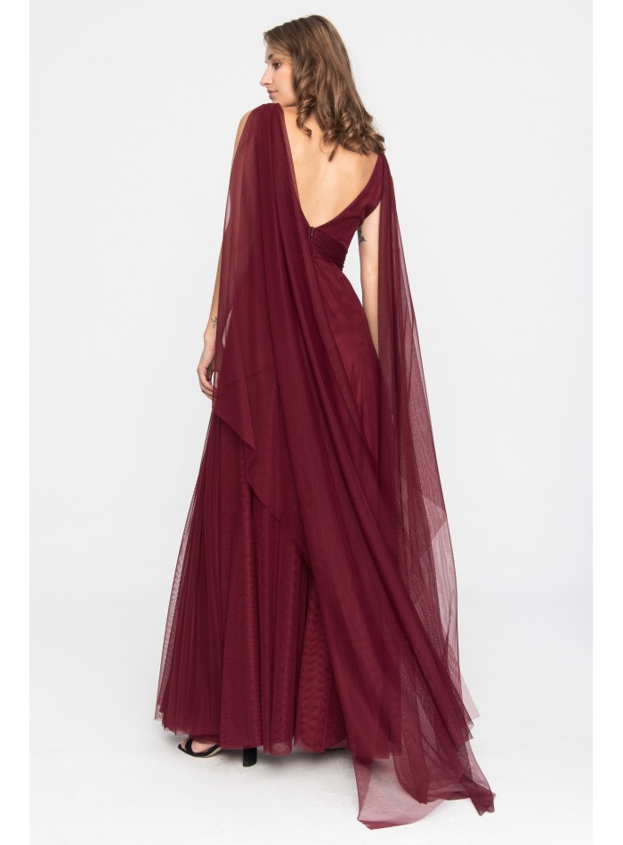 Long burgundy tulle dress with side slit