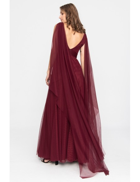 Long burgundy tulle dress with side slit