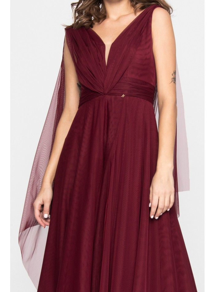 Long burgundy tulle dress with side slit