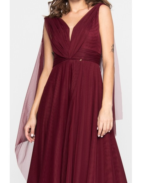 Long burgundy tulle dress with side slit