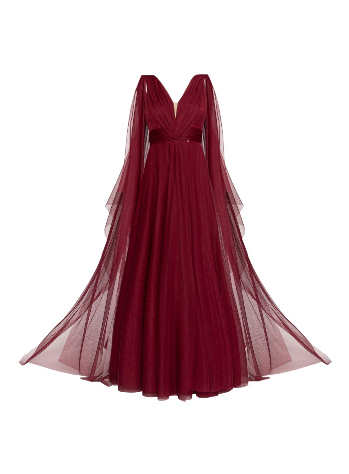 Long burgundy tulle dress with side slit