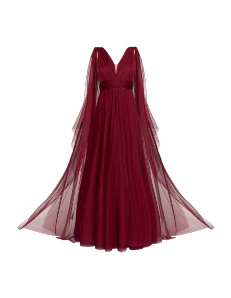 Long burgundy tulle dress with side slit