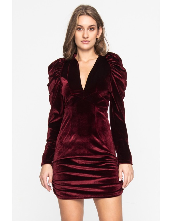 Mini robe en velours bordeaux à manches bouffantes