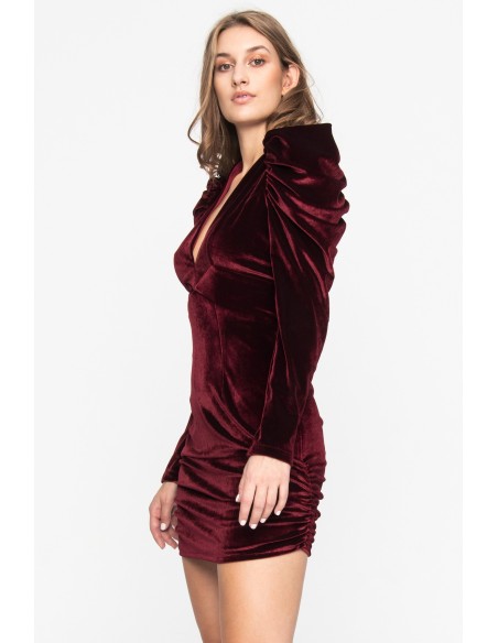 Mini robe en velours bordeaux à manches bouffantes