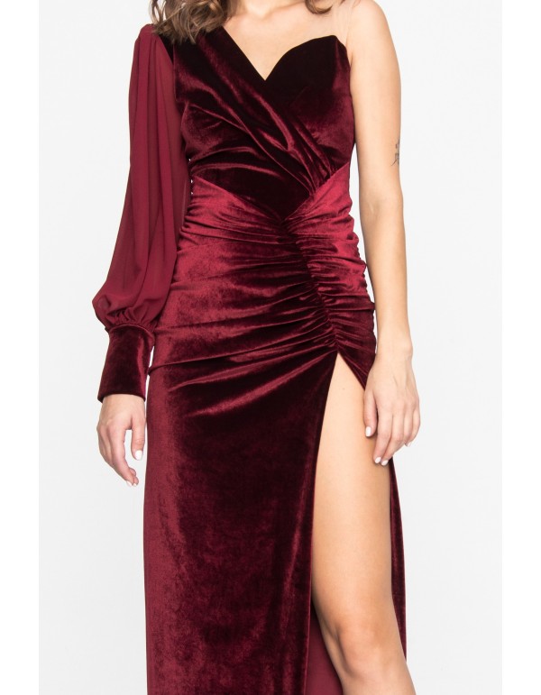 Asymmetrical long burgundy velvet dress with leg slit 2